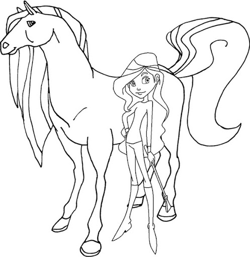 Kolorowanka dziewczynka stoi przy koniu